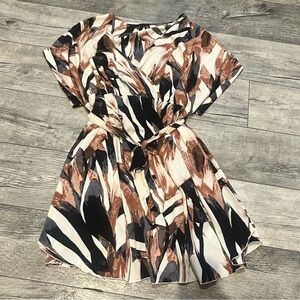SHEIN Curve 4X Womens Brown Black Cream Abstract Print Dress Short Sleeves